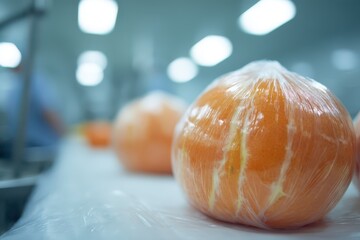 Overproduction of plastic used to wrap and package fruit in a factory on a production line