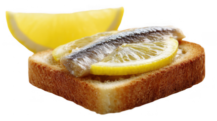 Close up view featuring a toast topped with anchovy fillet and a fresh lemon slice, showcasing a simple yet appetizing snack, isolated against a transparent background