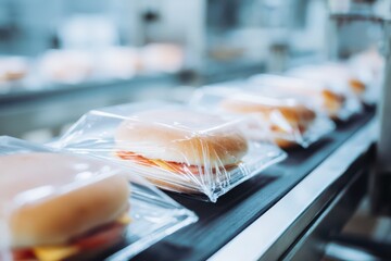 Sandwiches wrapped in foil on a conveyor production line, products ready for delivery to the store