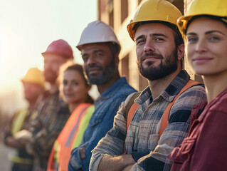 Construction workers standing together with arms crossed at sunset