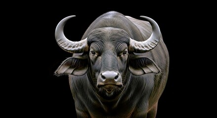 Naklejka premium Indian Buffalo Black Portrait View Majestic Animal Black Background Detail