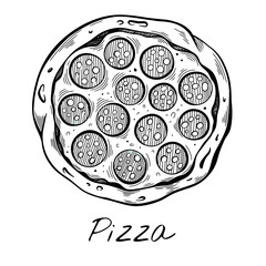 Handdrawn pepperoni pizza illustration in vintage engraving style. Monochrome food sketch perfect for menu design. Traditional Italian fastfood artwork.