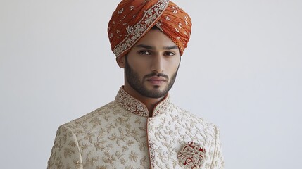 A young man in a white and gold embroidered sherwani with a red floral brooch, wearing an orange turban with gold embroidery, poses against a white backdrop