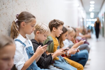 Fototapeta premium School youth in the corridor use smartphones and social media en masse, internet addiction in children