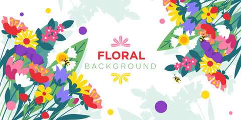 Background with meadow and garden blooming flowers in vector, flat style.
