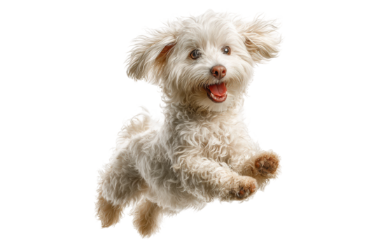 PNG Playful white dog leaping joyfully in mid-air with fluffy fur and happy expression