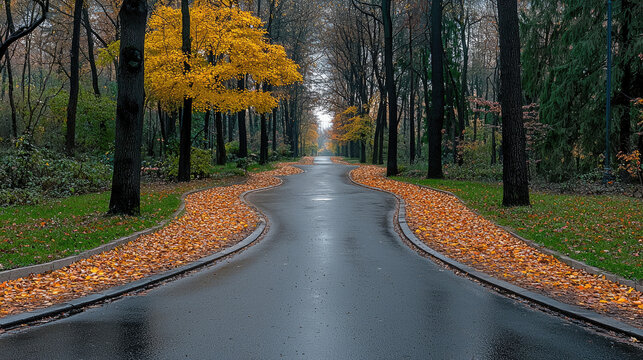 Winding road autumn yellow leaves wet pavement forest tranquil scenic peaceful