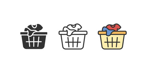 Laundry basket with dirty clothes icon. Household concept, hygiene symbol, pile of shirts. Outline, flat solid and colored vector illustration isolated.