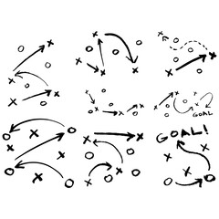 Hand-drawn sports tactic layout with player positions and arrows. Set of Strategy diagram for teamwork.
