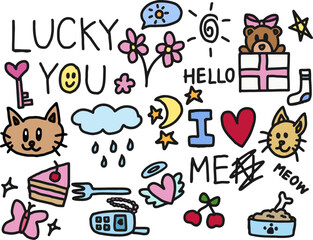Cute hand drawn illustrations of cat, teddy bear, gift box, cloud and rain, moon, stars, heart with angel wings, flowers, cake, fork, butterfly, mobile phone for cartoon, characters, comic, stickers