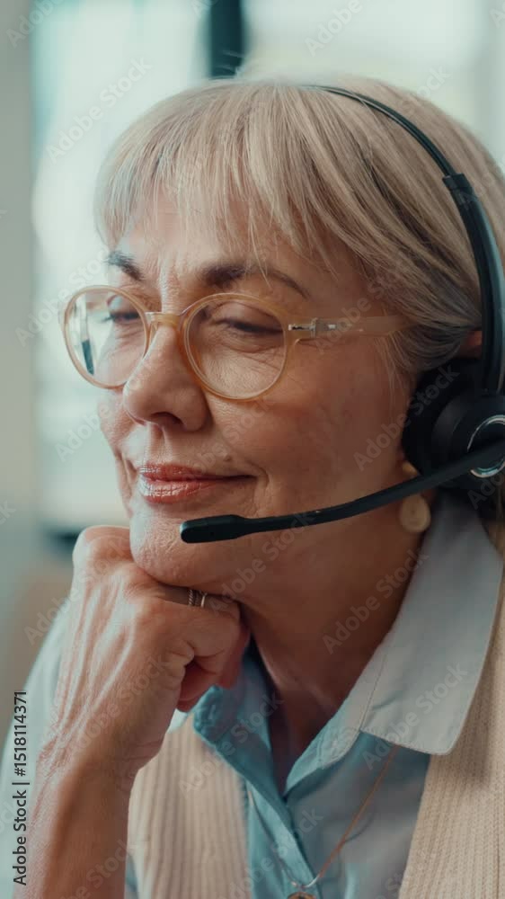 Poster mature woman, headset and customer service consultant in office with online consultation for crm or 
