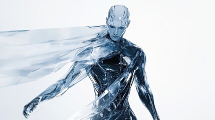 A humanoid figure rendered in a chrome blue, with a translucent blue fabric flowing from its shoulders, posed in a dynamic stance against a white background
