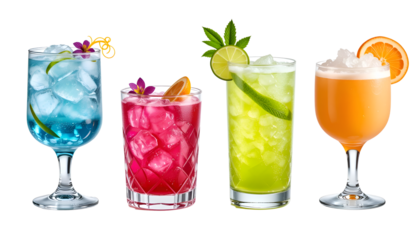 Sex on the Beach, Sea Breeze, Planters punch, Painkiller cocktail PNG set bundle, transparent isolated background. Mixology, bar menu cocktails, colorful vibrant refreshing drink with garnish