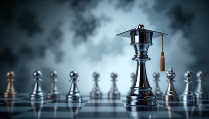 Chess king wearing graduation cap leading pawns on checkerboard: education and leadership concept