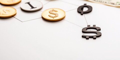 Economic Growth Shaped by Trade and Strategic Policy Decisions, Financial symbols with coins depict money management and investment strategies in a minimalist setting.