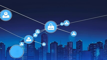 Digital networking concept with user icons connected over a city skyline at night, symbolizing connectivity - Powered by Adobe