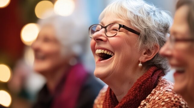 A group of seniors enjoys a light-hearted moment, sharing laughter and stories at a community center during a cozy evening event. The atmosphere radiates joy and connection
