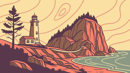 Vector illustration of coastal landscape depicting a lighthouse on a rocky cliffside with a dramatic mountain backdrop