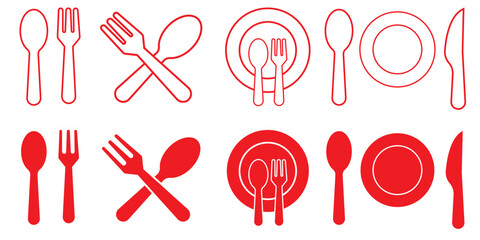 For and spoon icon set. Eatery symbol. Kitchen utensil vector illustration. Tableware serving sign. Crossed fork and spoon pictogram. Menu button.