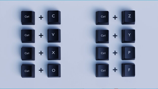 3D Keyboard Shortcuts for Windows with Dark Keys on Light Background