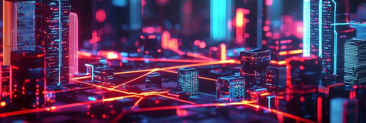 Fototapeta premium Economic Growth Shaped by Trade and Strategic Policy Decisions, Vibrant cityscape with neon lights and futuristic architecture depicting urban life at night.