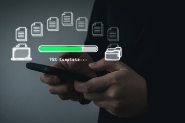 business people download document file folder to mobile smartphone, upload and upload, file...