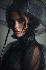 Obraz premium Portrait of a Woman in a Black Victorian Dress with Umbrella