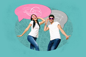 Full 3d poster art collage of happy girl guy stand bubble communication chatterbox speech scribble...