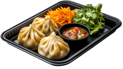 Plate of Nepalese chicken momos and its achar (sauce)