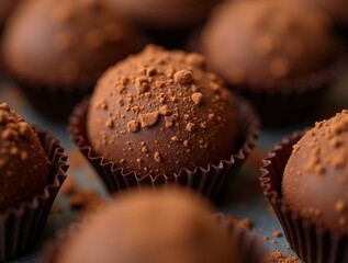 An artistic close-up of gourmet chocolate truffles, capturing the rich textures, powdery cocoa dusting, and deep brown tones