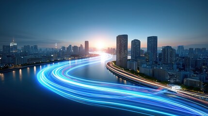 Obraz premium Aerial view of futuristic Tokyo cityscape with blue sky and sun rays, showcasing digital technology innovations and realistic daylight perspective featuring motion-blurred cars on bridge over river.