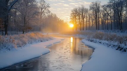 Serene winter landscape featuring a frozen river at sunrise, surrounded by snow-covered trees - Powered by Adobe