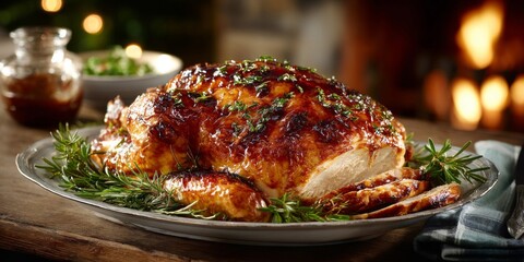 Fototapeta premium Roasted Chicken with Herbs on Rustic Wooden Table