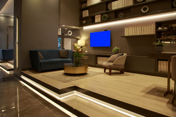 Contemporary Living Room with Blue Screen TV and Elegant Furniture Setup