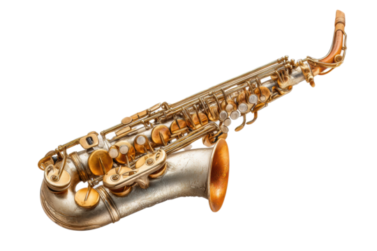 PNG Vintage brass alto saxophone with detailed keywork on black background