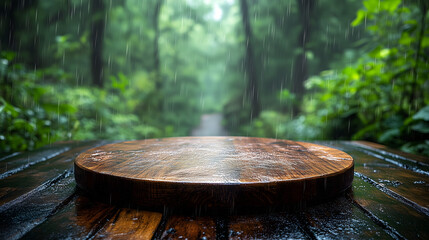 Fototapeta premium A wooden table in the rain with a blurred forest background, creating a serene atmosphere.