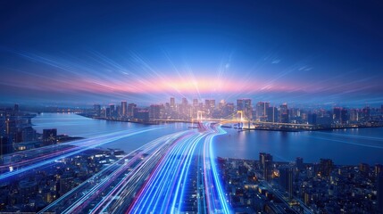 Aerial view of futuristic Tokyo cityscape with blue sky and sun rays, showcasing digital technology innovations and realistic daylight perspective featuring motion-blurred cars on bridge over river.