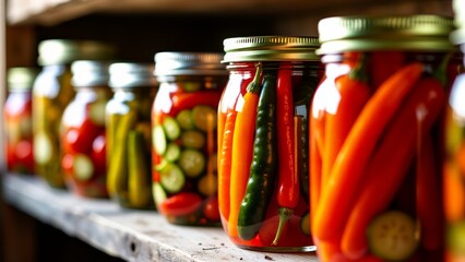 Pickled vegetables in glass jars on shelf