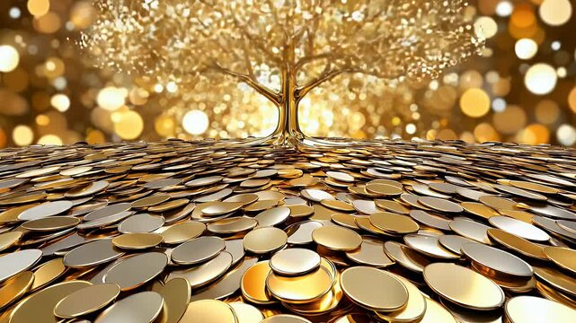 Golden tree stands amidst a vast expanse of gold coins, bokeh lights form a warm backdrop, creating a rich, opulent scene.