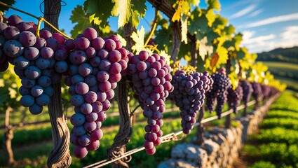 Naklejka premium A small vineyard with ripe grapes hanging from the vines