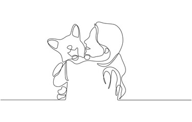 Continuous line drawing of happy pet lover with dog vector illustration, Single line drawing vector illustration with editable stroke of happy pet lover with dog linear isolated on white background.