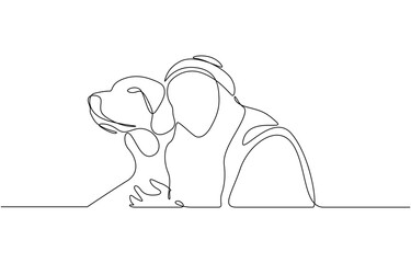 Continuous line drawing of happy pet lover with dog vector illustration, Single line drawing vector illustration with editable stroke of happy pet lover with dog linear isolated on white background.
