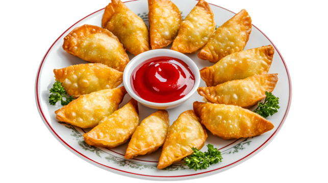 Plate of Nepalese chicken momos and its achar (sauce)