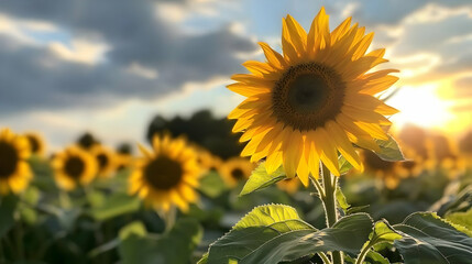 Obraz premium Bright Yellow Sunflower Field At Sunset