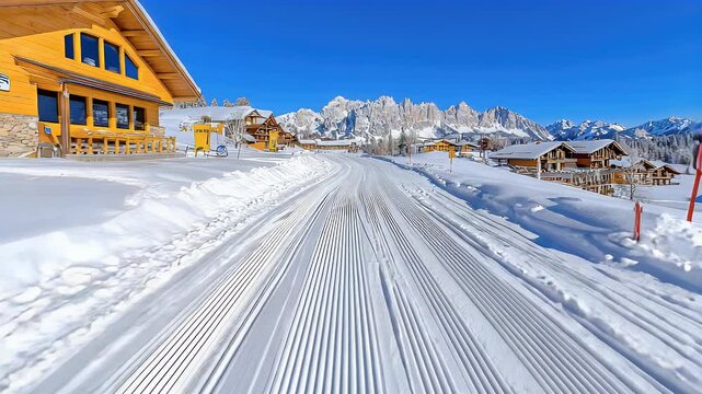Snow covered cross country ski trail on a sunny winter day. A yellow building and mountain range are in the background. Bright, crisp lighting enhances the snowy scene.