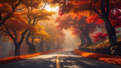 A winding road bordered by colorful autumn trees