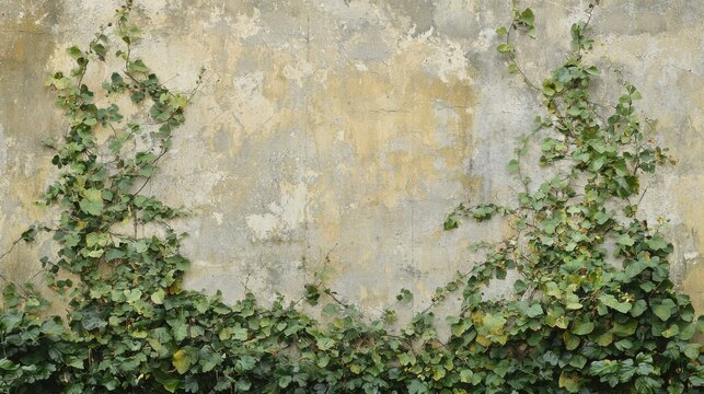Old weathered concrete wall with thriving green ivy climbing and spreading across surface creating natural contrast and textured background for design and decoration - Powered by Adobe