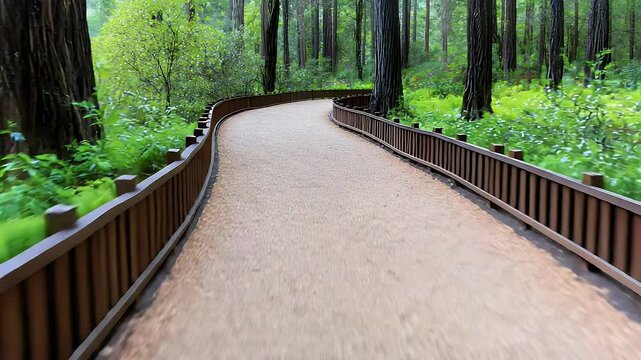 A winding tan pathway, bordered by dark brown wooden railings, curves gently through a lush green forest. Sunlight filters through the tall trees, creating a serene and peaceful atmosphere.