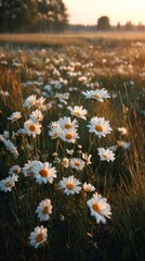 Obraz premium White Daisies in a Field at Sunrise