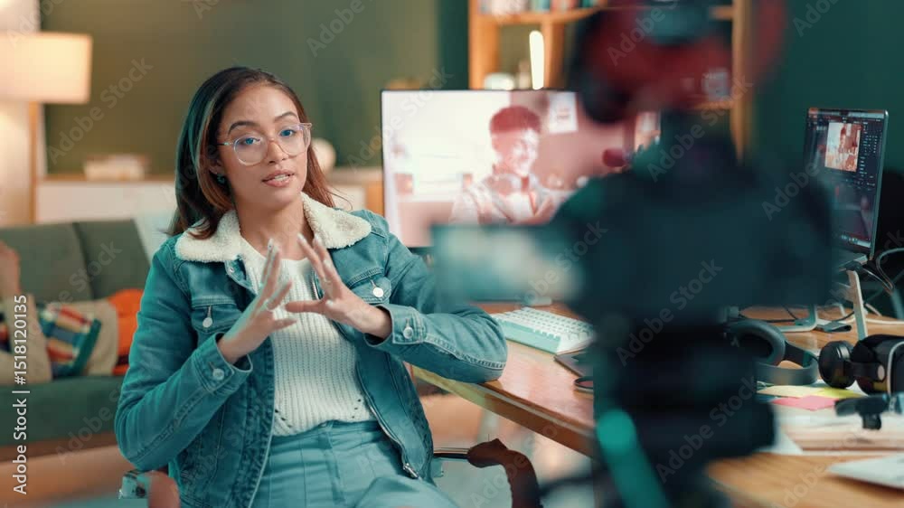 Poster online, influencer and woman with camera, talking or tips for video editing on website or streaming.